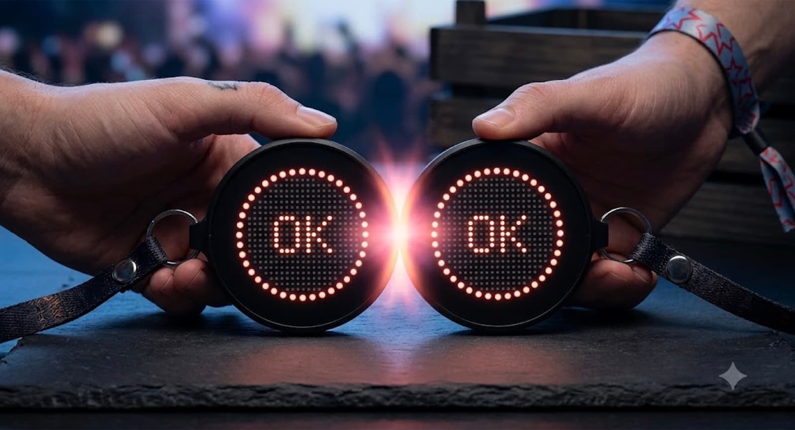 tap to pair, two aura devices touching, both light rings flashing OK