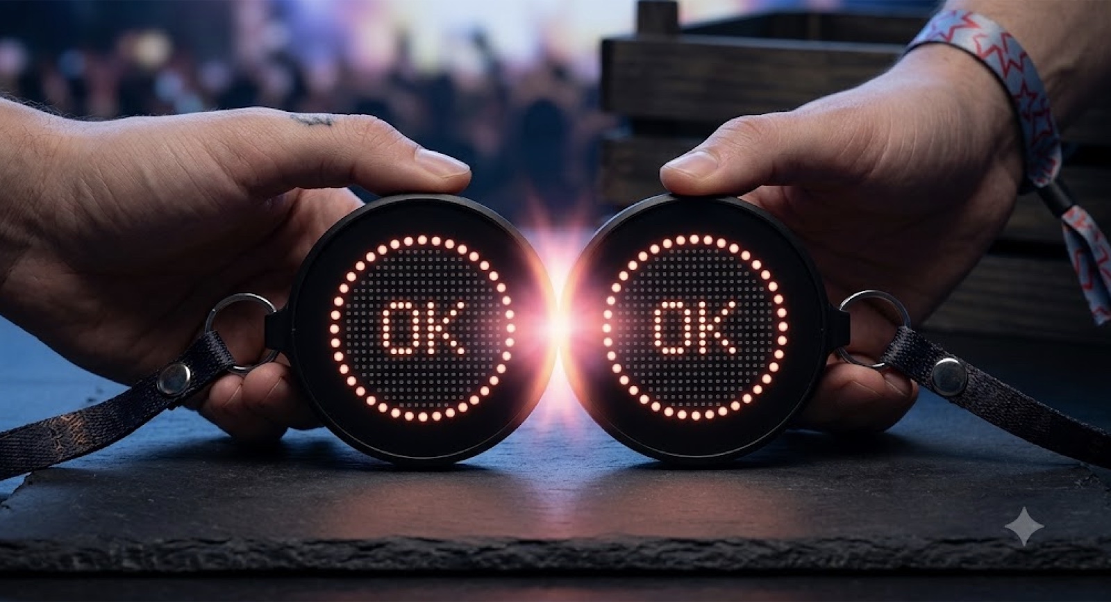tap to pair — two aura devices touching, both light rings flashing OK